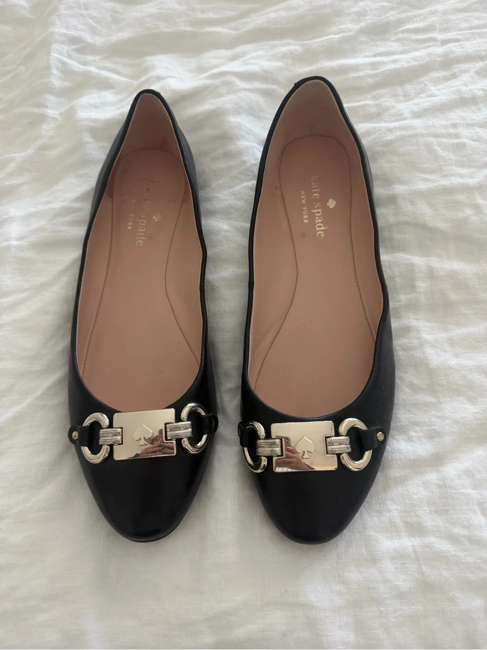 kate spade Black Leather Ballet Flats with silver Accent Plaque